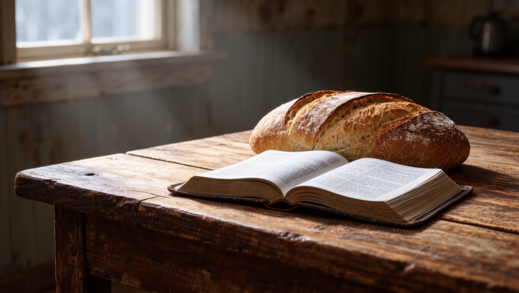 A plain loaf of bread and an open Bible resting on a worn wooden kitchen table in soft morning light