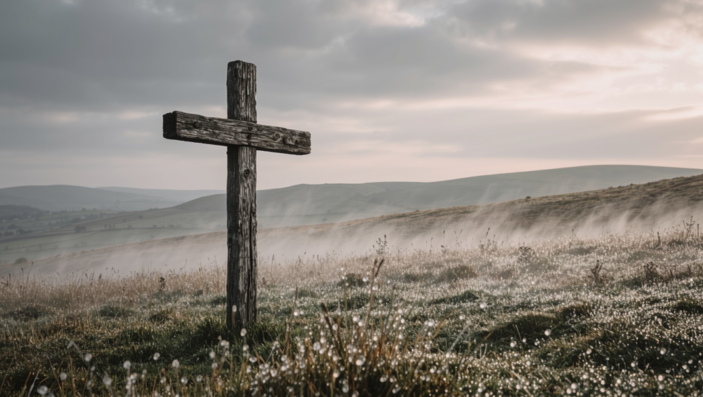A weathered wooden cross standing on an empty hillside at dawn with mist over the grass