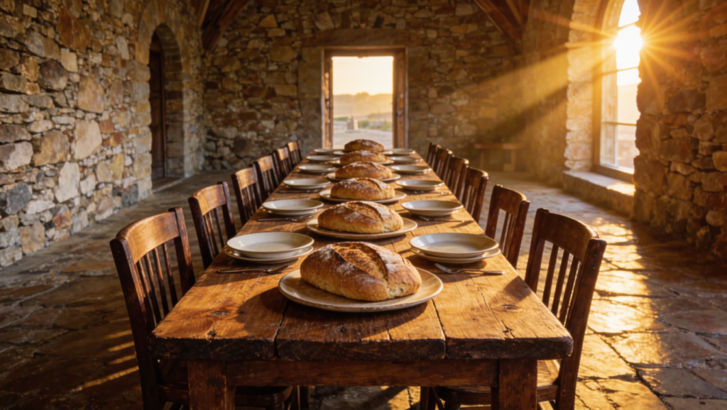 A long rustic table set with bread and empty places in a stone hall, evening light through an open doorway